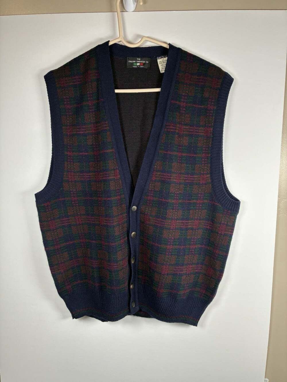 Vtg Made in Italy L Plaid Sweater Vest Button Front Navy Green Burgundy Knit